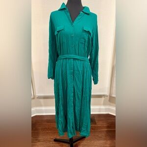 Torrid Size 2 Green Button Front Shirt Dress Tie Waist Long Sleeve